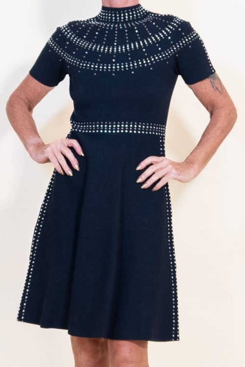 Sandro Navy Dress with Round Embellishments around Neckline, Waist and Sides