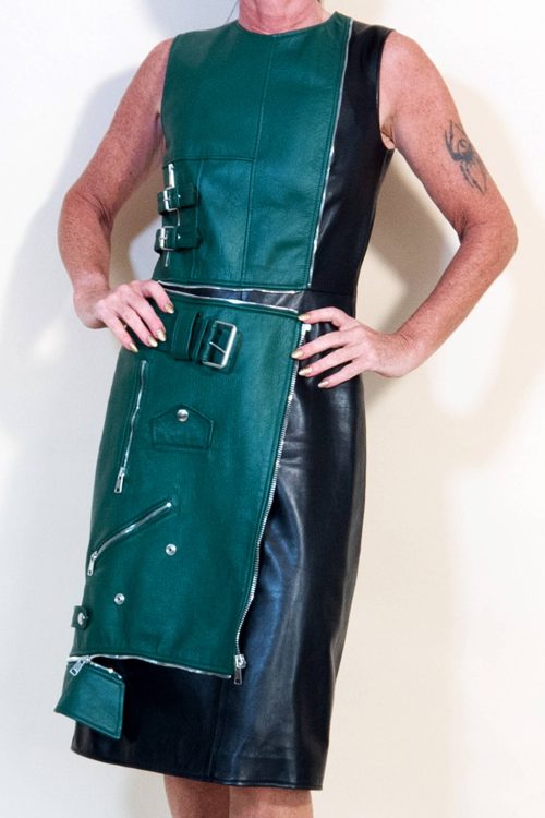 Alexander McQueen Green/ Black Leather Zip/ Buckle Dress